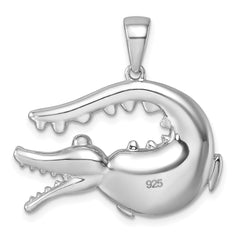 Sterling Silver Rhodium-plated Polished Green Crystal Alligator Pendant IP-215G