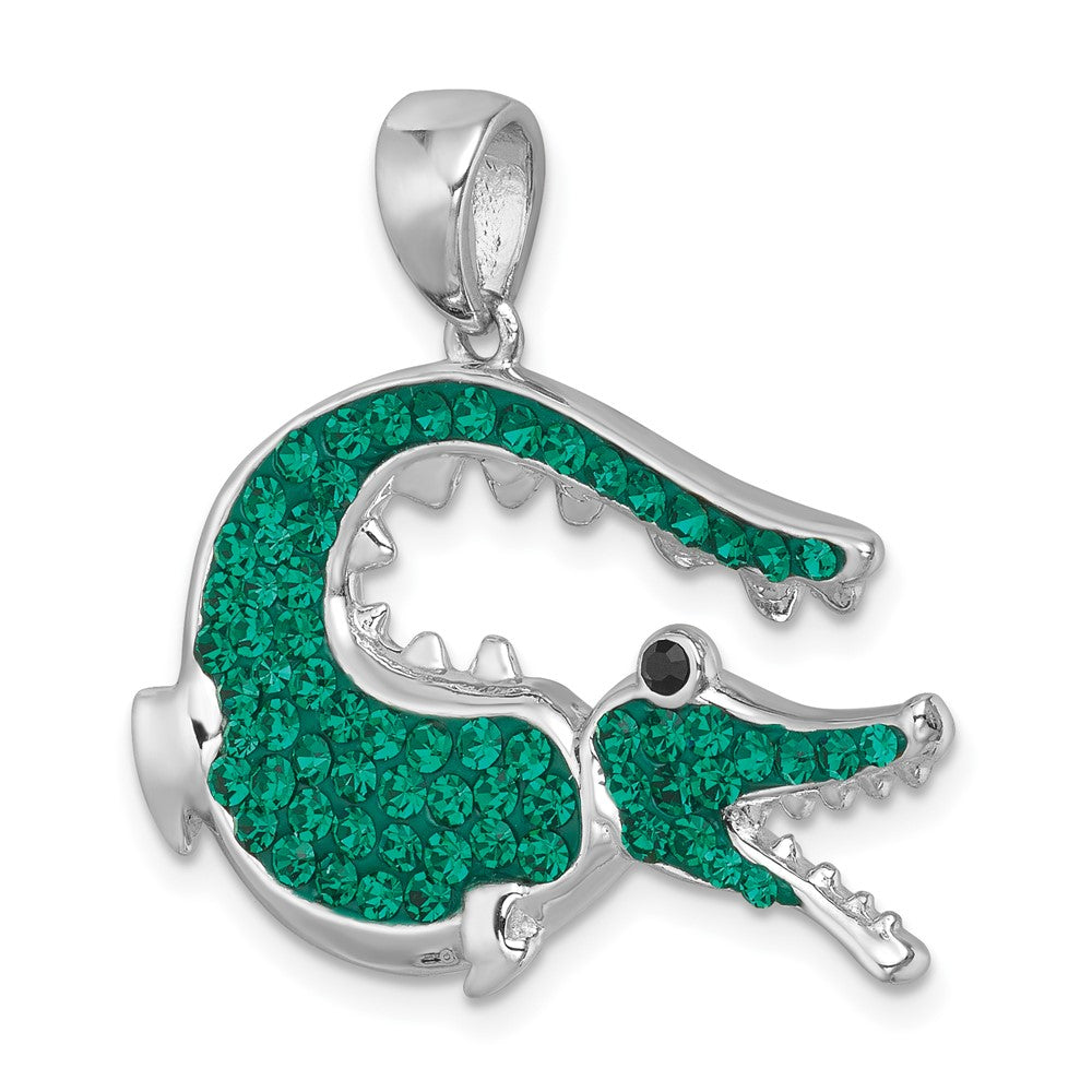 Sterling Silver Rhodium-plated Polished Green Crystal Alligator Pendant IP-215G