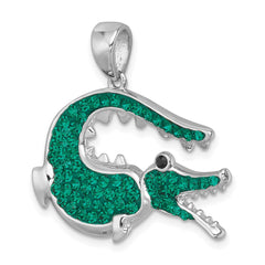 Sterling Silver Rhodium-plated Polished Green Crystal Alligator Pendant IP-215G