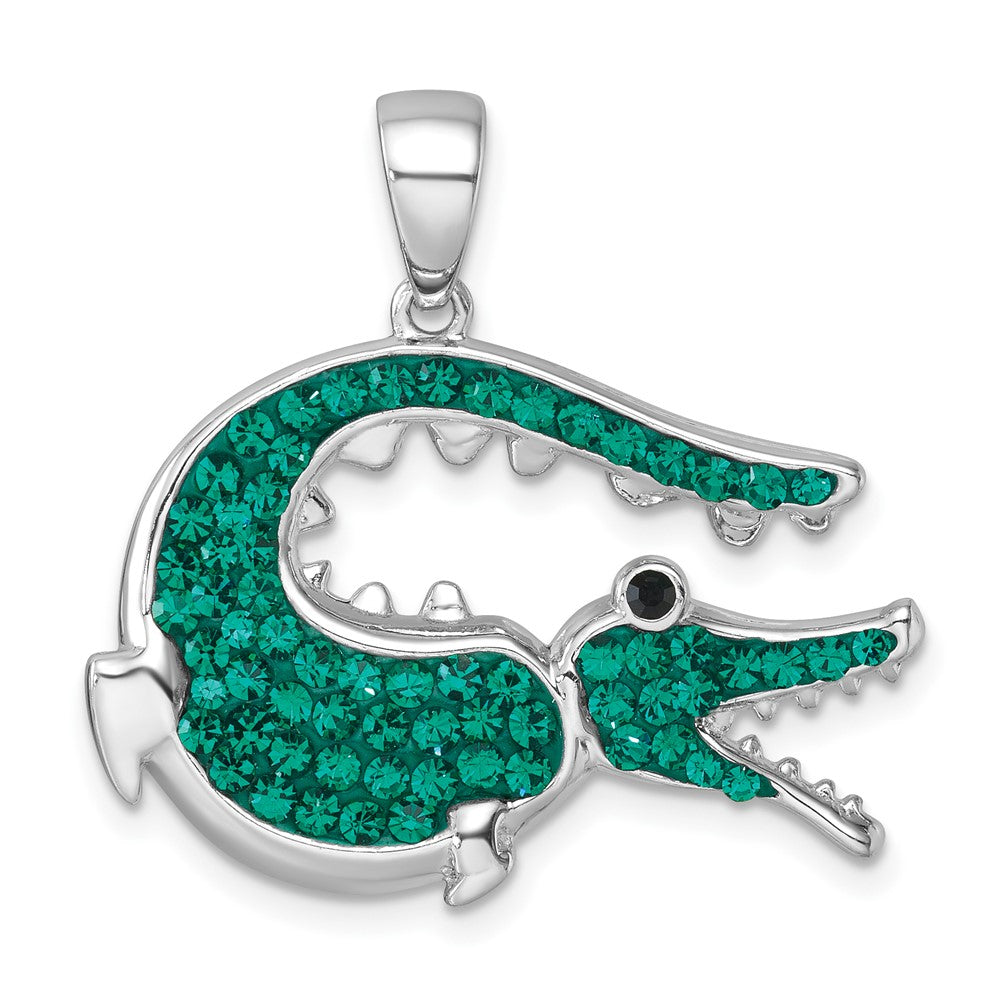 Sterling Silver Rhodium-plated Polished Green Crystal Alligator Pendant IP-215G