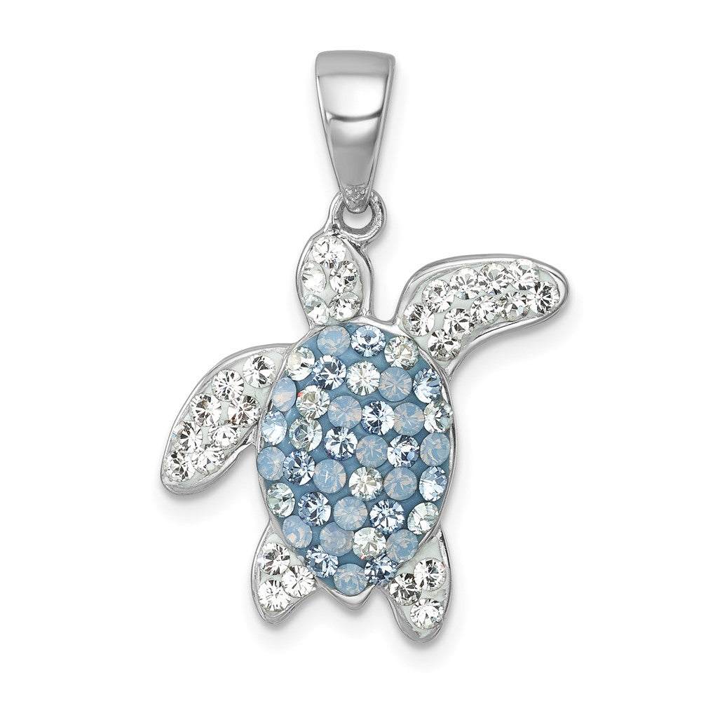 Sterling Silver Rhodium-plated Polished Blue and White Crystal Turtle Pendant IP-667