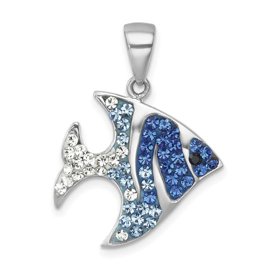 Sterling Silver Rhodium-plated Polished Blue and White Crystal Angel Fish Pendant IP-671