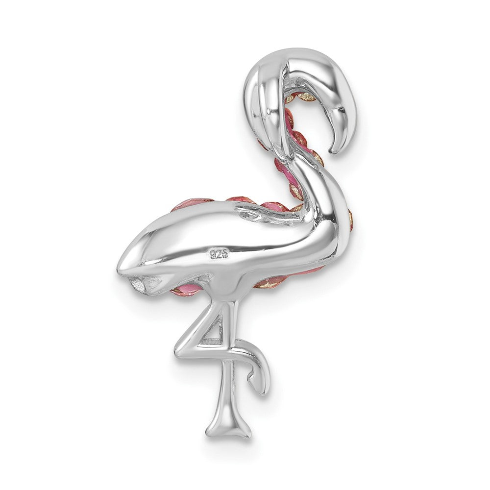 Sterling Silver Rhodium-plated Polished Pink Crystal Flamingo Chain Slide IP-789