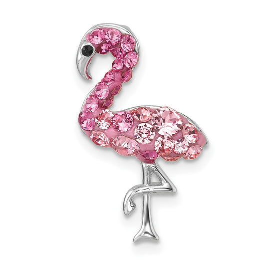 Sterling Silver Rhodium-plated Polished Pink Crystal Flamingo Chain Slide IP-789