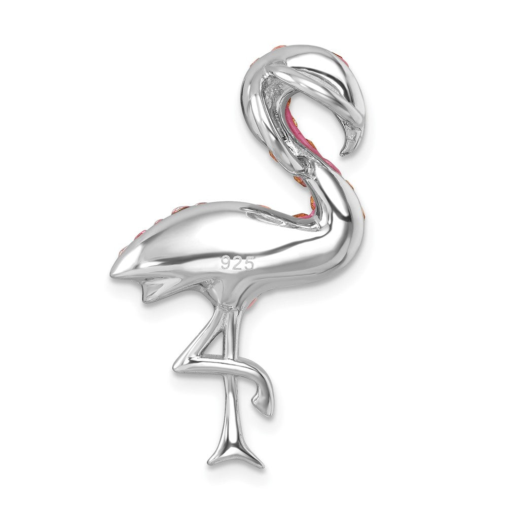 Sterling Silver Rhodium-plated Polished Pink Crystal Flamingo Pendant IP-820