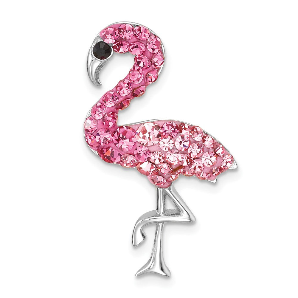 Sterling Silver Rhodium-plated Polished Pink Crystal Flamingo Pendant IP-820