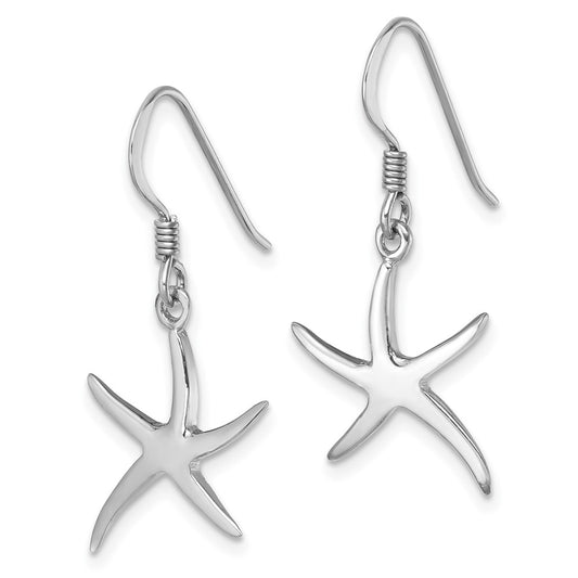 LE-022 Sterling Silver Rhodium-plated Polished Starfish Dangle Earring