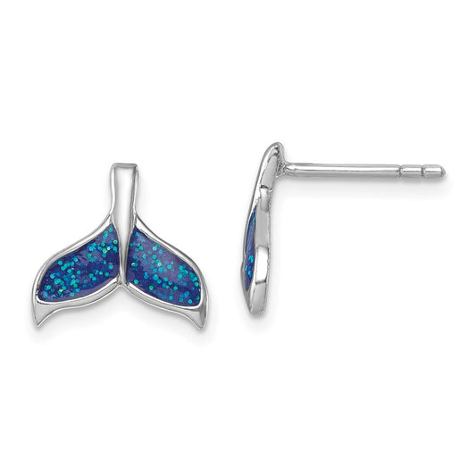 LE-036 Sterling Silver Rhodium-plated Polished Enameled Whale's Tail Dangle Earrings