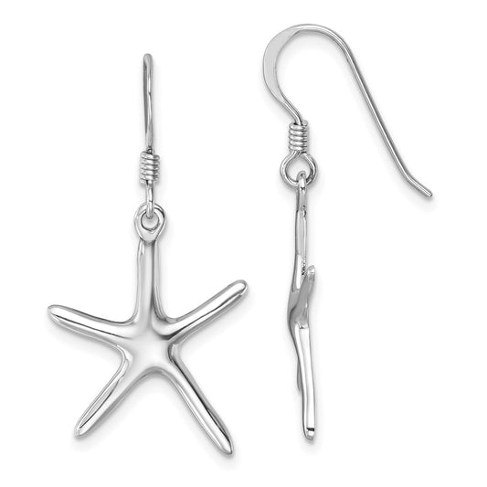 LE-089 Sterling Silver Rhodium-plated Polished Starfish Dangle Earring