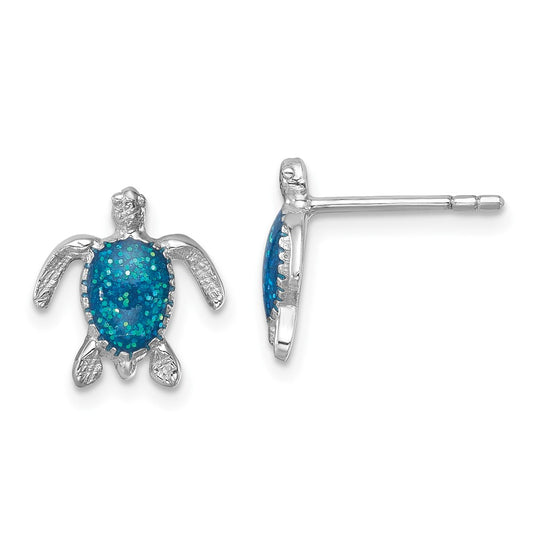 LE-181 Sterling Silver Rhodium-plated Enameled Polished Turtle Post Earring