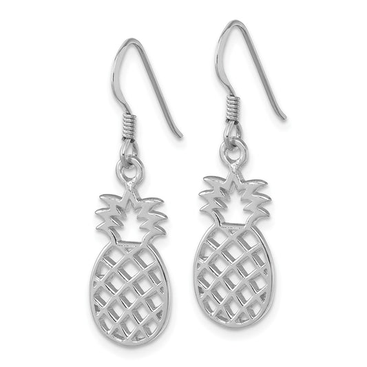 LE-190 Sterling Silver Rhodium-plated Polished Cut-out Pineapple Dangle Earrings