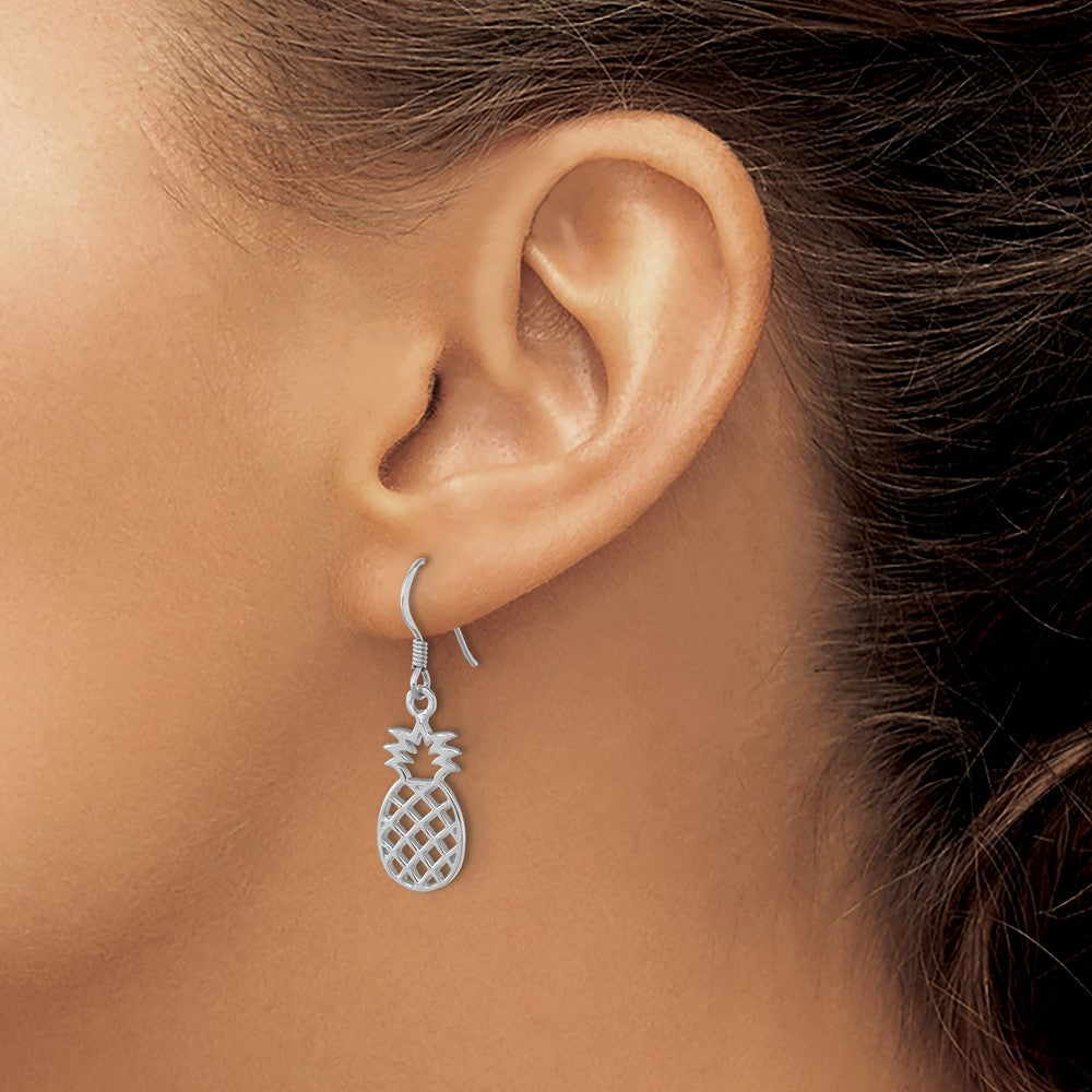 LE-190 Sterling Silver Rhodium-plated Polished Cut-out Pineapple Dangle Earrings