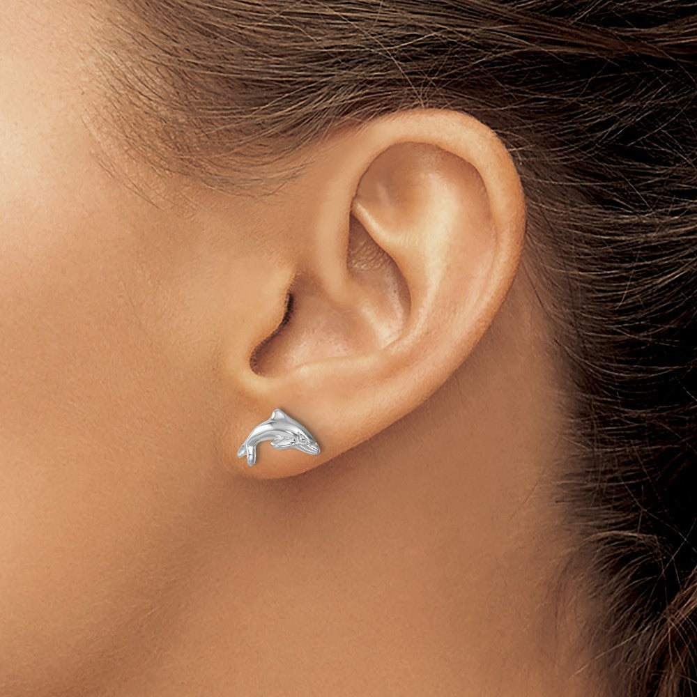 LE-211 Sterling Silver Rhodium-plated Polished Dolphin Post Earring
