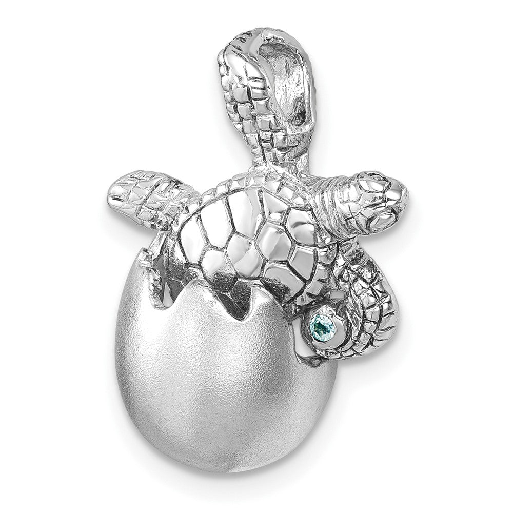 Sterling Silver Rhodium-plated Moveable Crystal Polished Hatching Turtle in Satin Egg Pendant LP-040