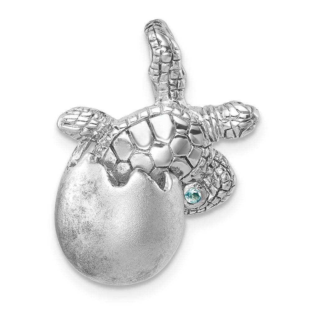 Sterling Silver Rhodium-plated Moveable Crystal Polished Hatching Turtle in Satin Egg Pendant LP-040
