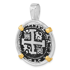 Sterling Silver Rhodium-plated Antiqued Gold-tone Ship Coin Pendant LP-150