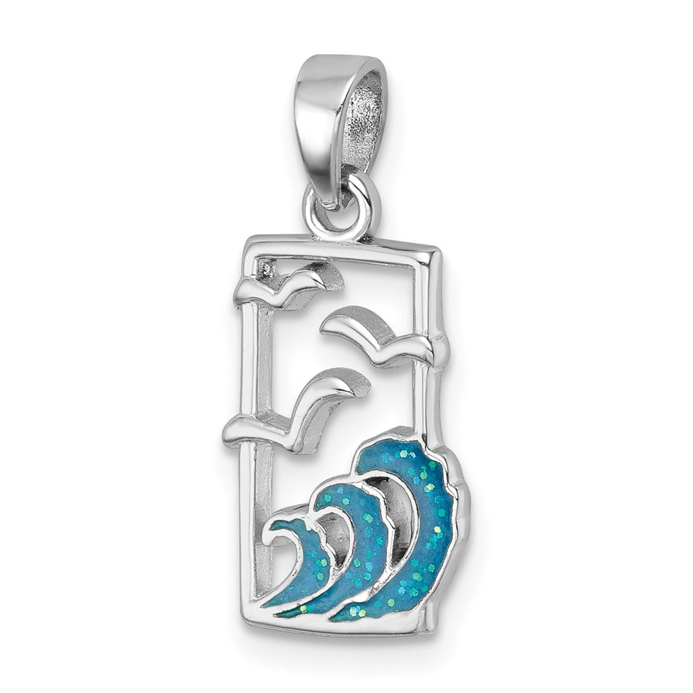 Sterling Silver Rhodium-plated Polished Sea Gull and Enameled Wave Pendant LP-312