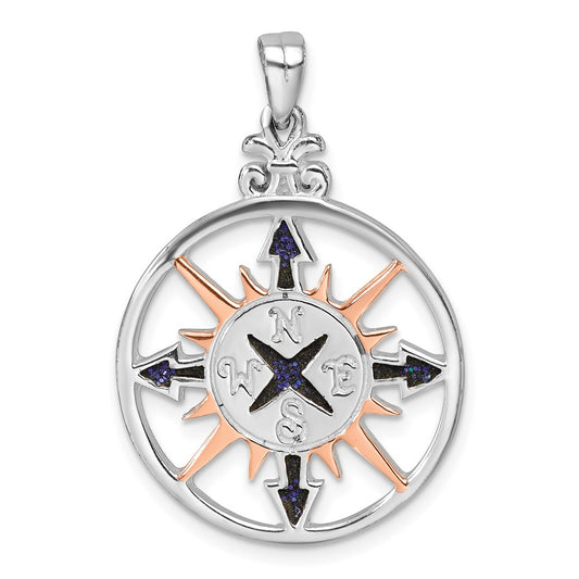 Sterling Silver Rhodium-plated Polished Enameled Compass Rose-tone Pendant LP-402