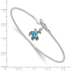 Sterling Silver Rhodium-plated Polished and Antiqued Thin Dangle Blue Crystal Turtle Hook Bangle PLB-395