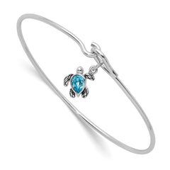 Sterling Silver Rhodium-plated Polished and Antiqued Thin Dangle Blue Crystal Turtle Hook Bangle PLB-395