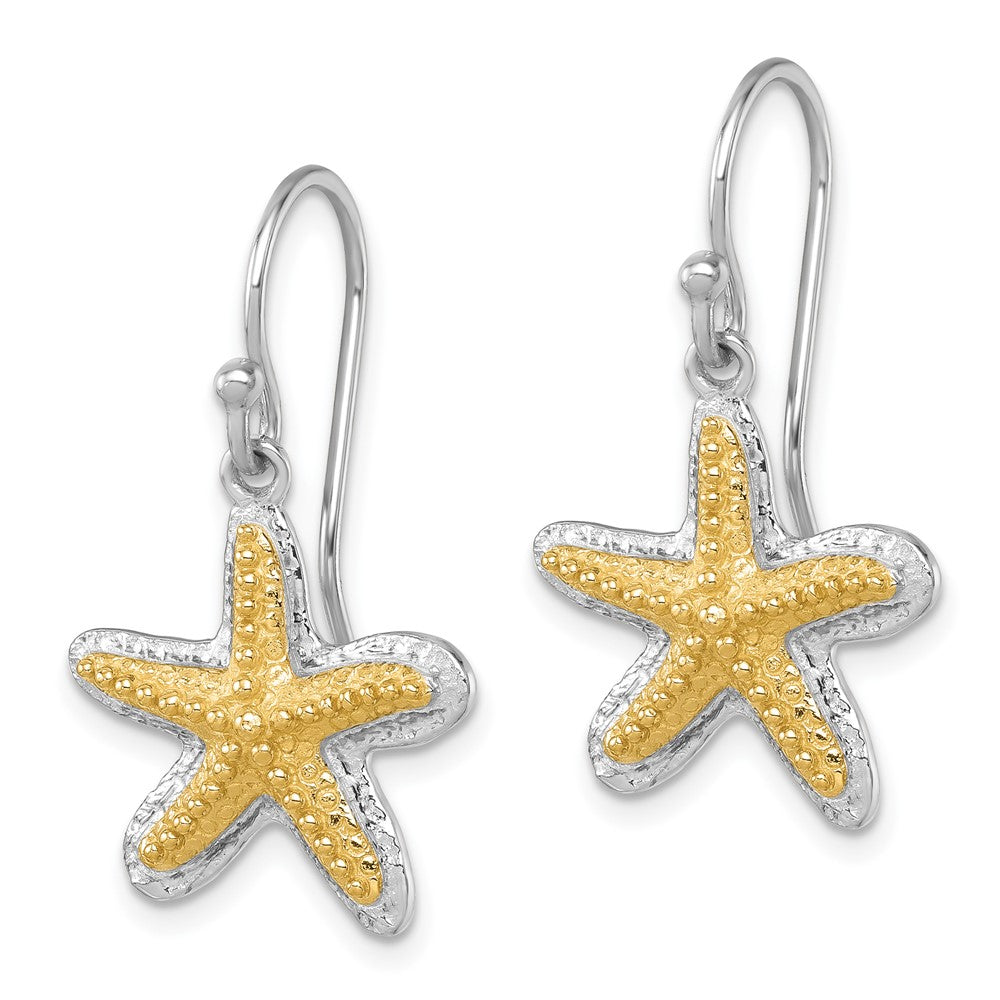 PLE-025 Sterling Silver Rhodium-plated Polished Gold-tone Star Fish Dangle Earrings