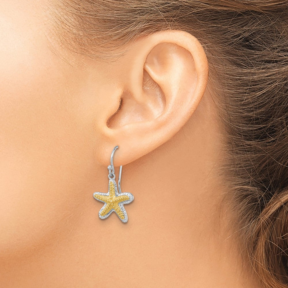 PLE-025 Sterling Silver Rhodium-plated Polished Gold-tone Star Fish Dangle Earrings