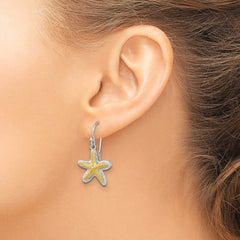 PLE-025 Sterling Silver Rhodium-plated Polished Gold-tone Star Fish Dangle Earrings