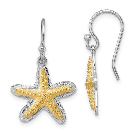 PLE-025 Sterling Silver Rhodium-plated Polished Gold-tone Star Fish Dangle Earrings