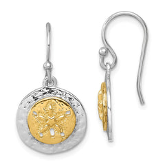 PLE-026 Sterling Silver Rhodium-plated Gold-tone Textured Sand Dollar Dangle Earrin