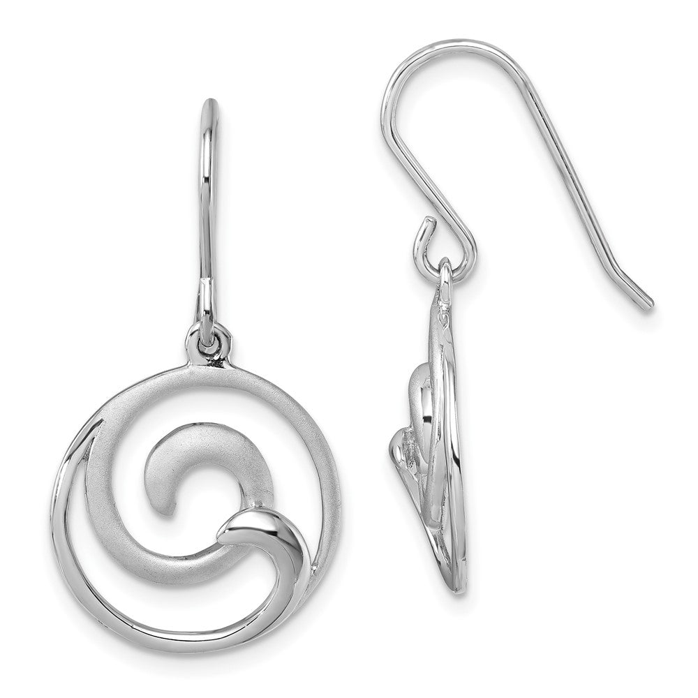 PLE-182 Sterling Silver Rhodium-Plated Polished and Brushed Double Wave Dangle Earrings