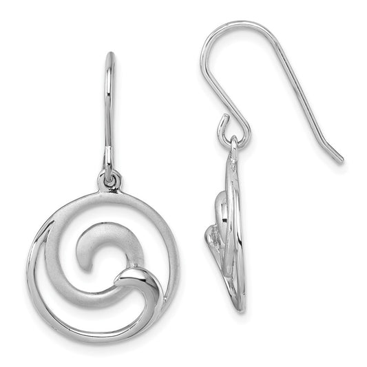 PLE-182 Sterling Silver Rhodium-Plated Polished and Brushed Double Wave Dangle Earrings