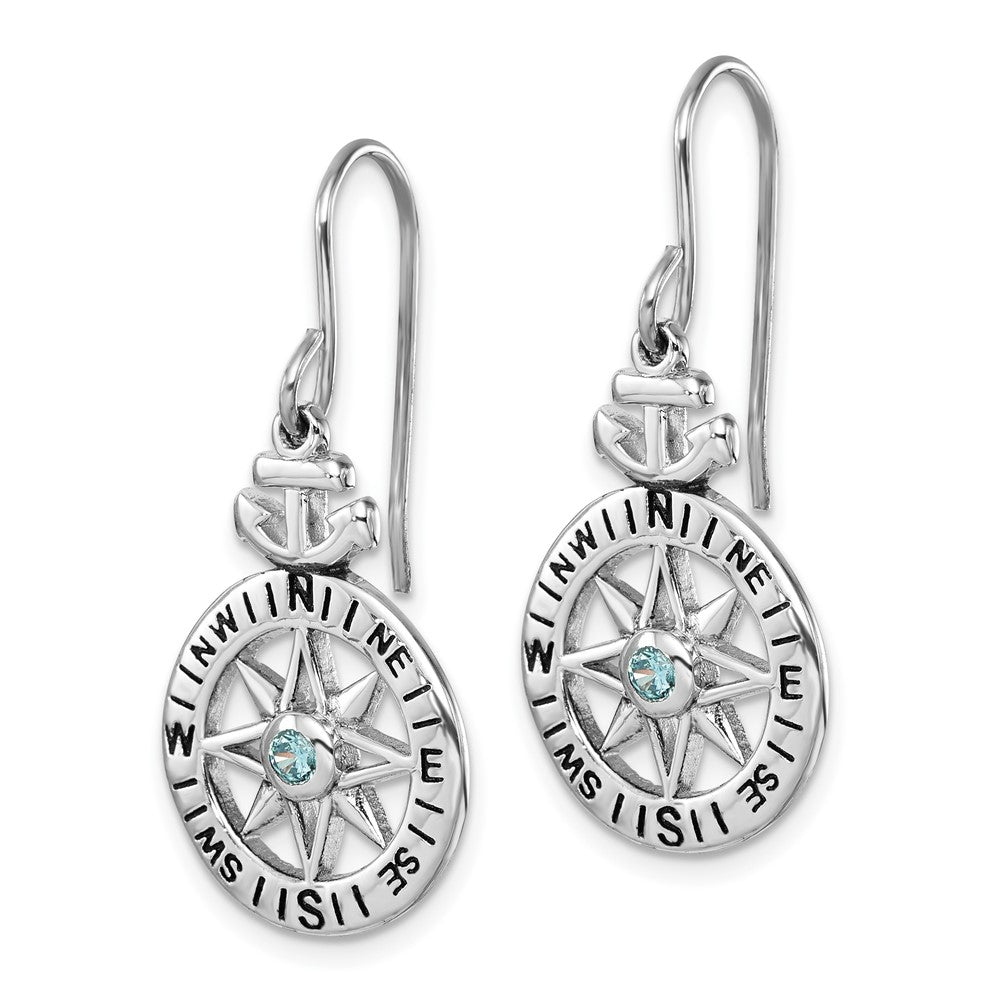 PLE-241 Sterling Silver Rhodium-Plated Polished CZ Compass Dangle Earrings