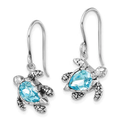 PLE-256 Sterling Silver Rhodium-plated Polished and Antiqued Blue Crystal Turtle Dangle Earrings
