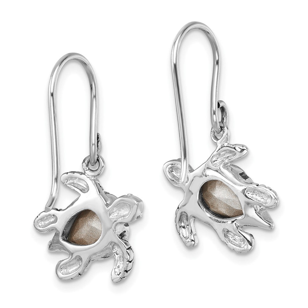PLE-256 Sterling Silver Rhodium-plated Polished and Antiqued Blue Crystal Turtle Dangle Earrings