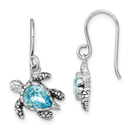 PLE-256 Sterling Silver Rhodium-plated Polished and Antiqued Blue Crystal Turtle Dangle Earrings
