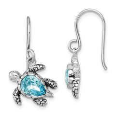 PLE-256 Sterling Silver Rhodium-plated Polished and Antiqued Blue Crystal Turtle Dangle Earrings