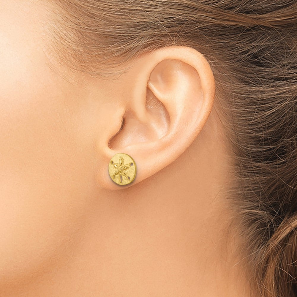 PLE-380V Sterling Silver Rhodium-plated Brushed and Polished Gold-tone Sand Dollar Post Earrings