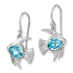 PLE-453 Sterling Silver Rhodium-plated Polished Blue Crystal Angel Fish Dangle Earr