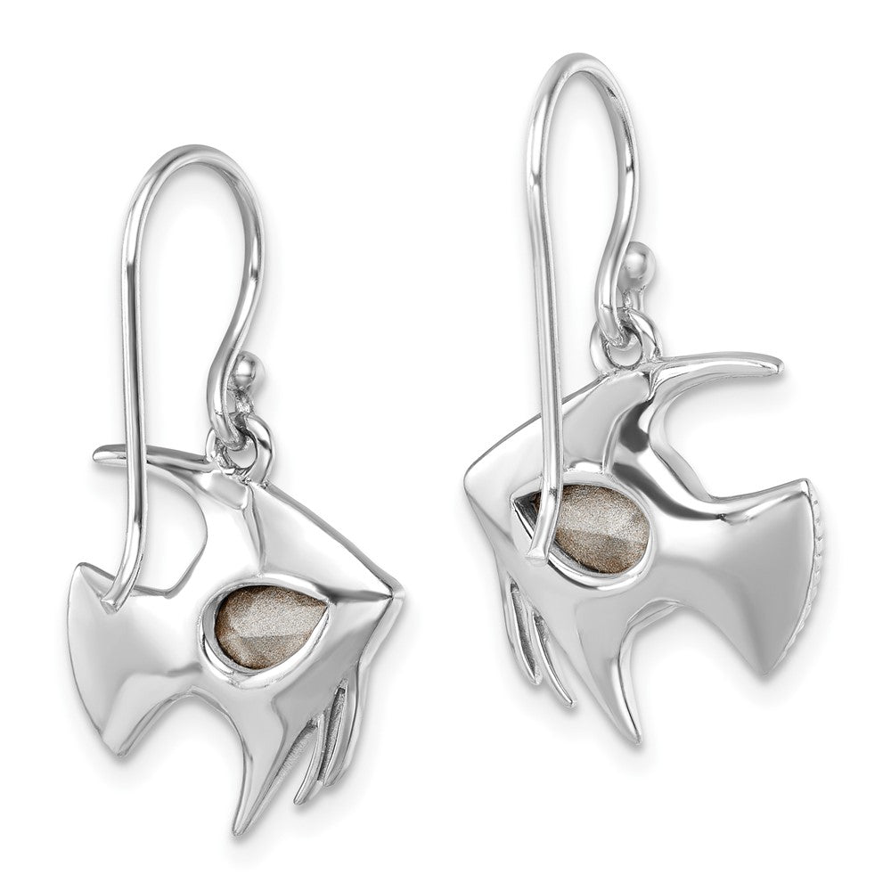 PLE-453 Sterling Silver Rhodium-plated Polished Blue Crystal Angel Fish Dangle Earr