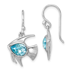 PLE-453 Sterling Silver Rhodium-plated Polished Blue Crystal Angel Fish Dangle Earr