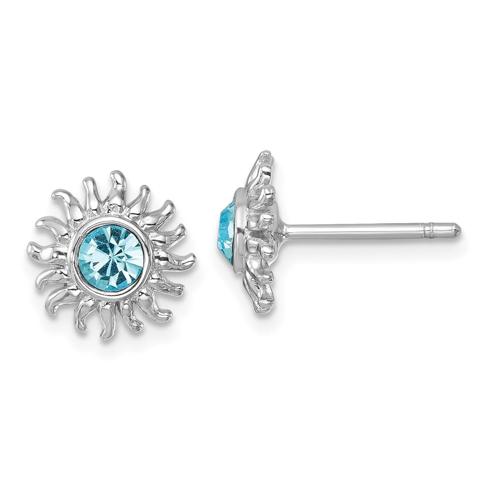 PLE-486 Sterling Silver Rhodium-Plated Polished Blue Crystal Sun Post Earrings