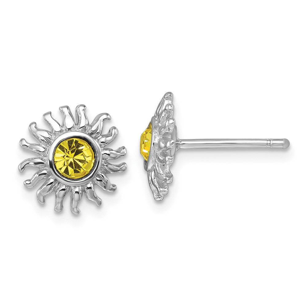 PLE-487 Sterling Silver Rhodium-Plated Polished Yellow Crystal Sun Post Earrings