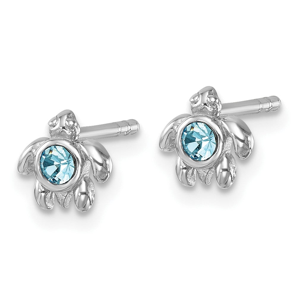 PLE-510 Sterling Silver Rhodium-Plated Polished Blue Crystal Inlay Tiny Turtle Post Earrings