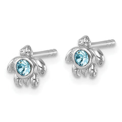 PLE-510 Sterling Silver Rhodium-Plated Polished Blue Crystal Inlay Tiny Turtle Post Earrings