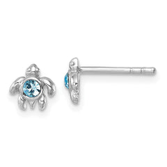 PLE-510 Sterling Silver Rhodium-Plated Polished Blue Crystal Inlay Tiny Turtle Post Earrings