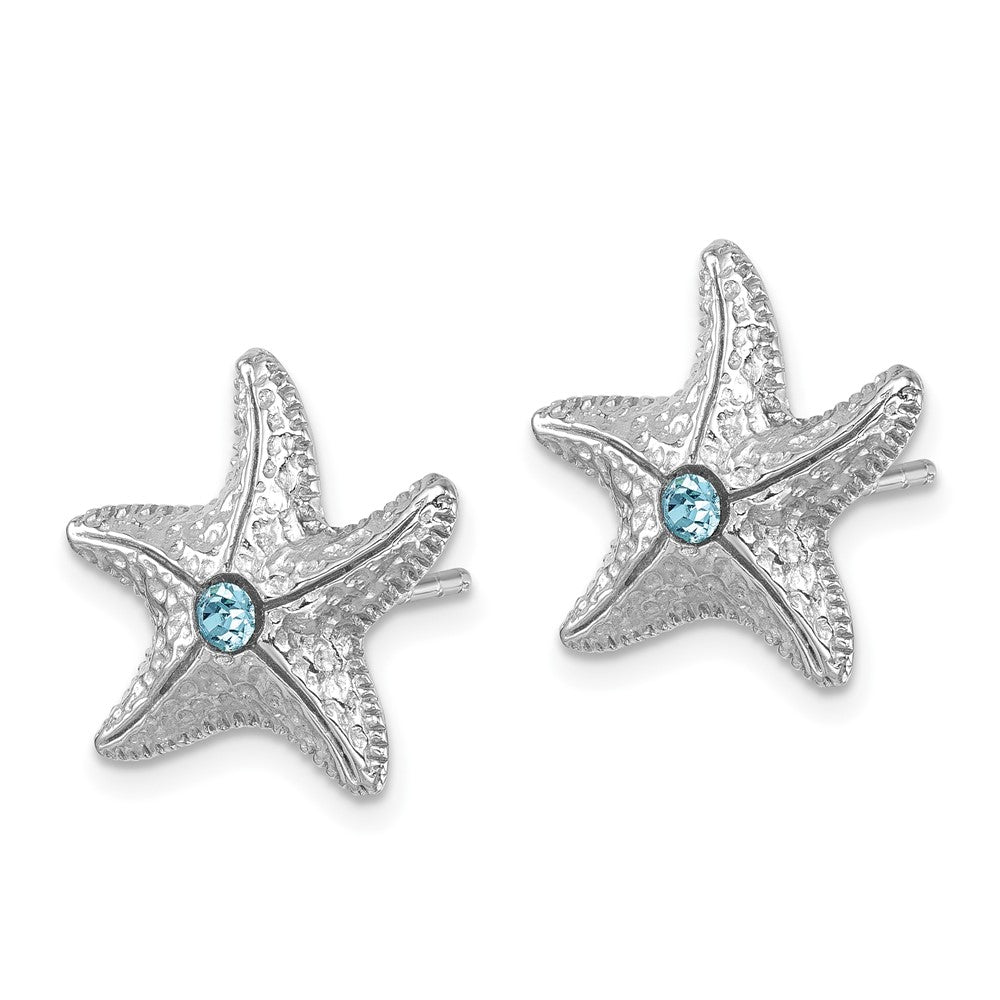 PLE-542 Sterling Silver Rhodium-Plated Polished and Textured Crystal Starfish Post Earrings