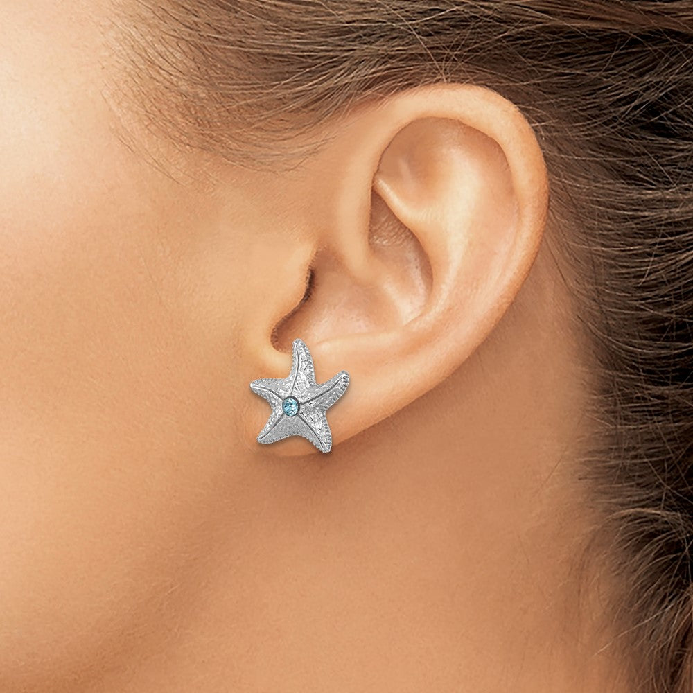 PLE-542 Sterling Silver Rhodium-Plated Polished and Textured Crystal Starfish Post Earrings