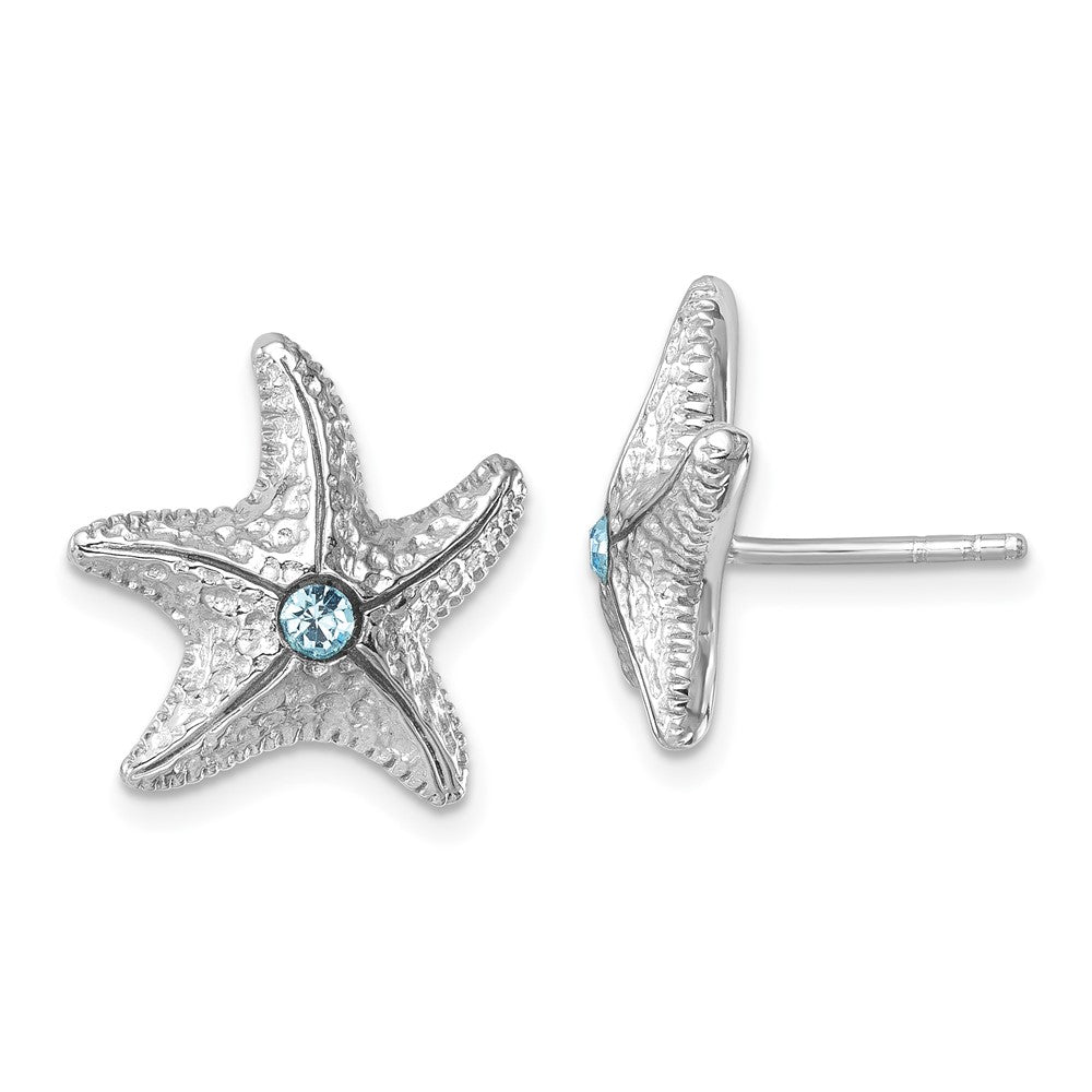 PLE-542 Sterling Silver Rhodium-Plated Polished and Textured Crystal Starfish Post Earrings