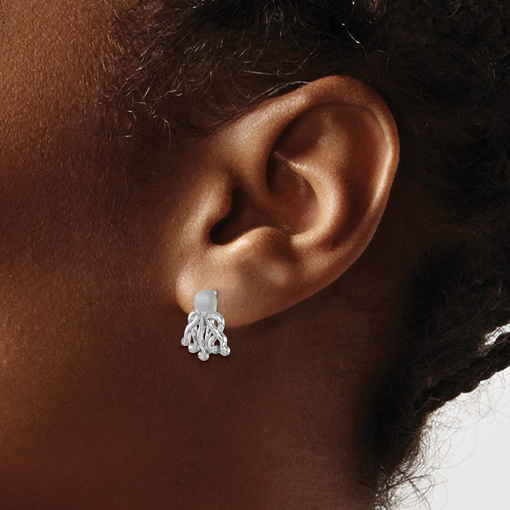 PLE-649 Sterling Silver Rhodium-plated Polished Octopus Post Earrings