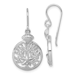 PLE-669 Sterling Silver Rhodium-plated Polished Starfish and Scallop Shell Reef Dangle Earring
